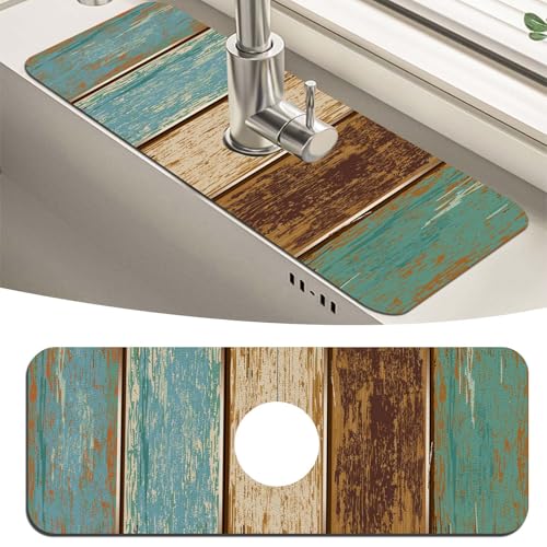 MCALK Wood Pattern Teal Kitchen Sink Faucet Mat Splash Guard, Absorbent Quick-Dry Kitchen Sink Mat - Ideal for Splash Guard & Drip Catching with Farmhouse Art Decor( 1pc 15"x5.5") - color: 01Wood Pattern