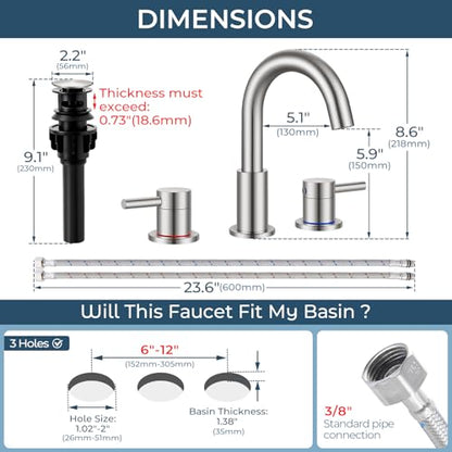 FGKQ 3-Hole 2-Handle Widespread Bathroom Sink Faucet, Brushed Nickel | Stainless steel, pop-up drain included, 360°swivel spout, for vanity sink 3-hole mount, 8-in widespread - color: 1-Brushed Nickel
