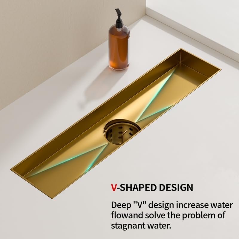 Linear Shower Drain 48inch，Gold 304 Stainless Steel Tile Insert Cover & Adjustable Leveling Feet Shower Floor Drain with Hair Catcher Fits Balcony Bathroom - color: Brushed Gold, size: 48inch