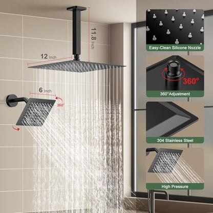 Matte Black Shower Faucet Set, Home Shower System with 3-Setting Push Button Diverter, 12" Ceiling Rain Shower Head & 6" Wall Mount Shower Head, 2-in-1 Handheld, Shower Valve Trim Kit - color: Matte Black