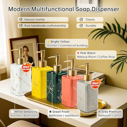 Gold Soap Dispenser for Bathroom Countertop, Square Green Dish Soap Dispenser Pump Bottle with Golden Stripes for Kitchen Sink Laundry Shower Lotion, Ceramic Hand Pump for Soap Liquid - color: Green
