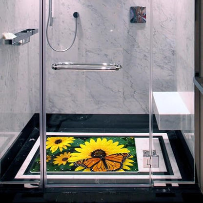Shower Mat Non-Slip Bathtub Mats with Suction Cups and Drain Holes, Butterfly Sunflowers Design, Easy to Clean for Bathroom, 26.8x15.1In - color: Multi 7