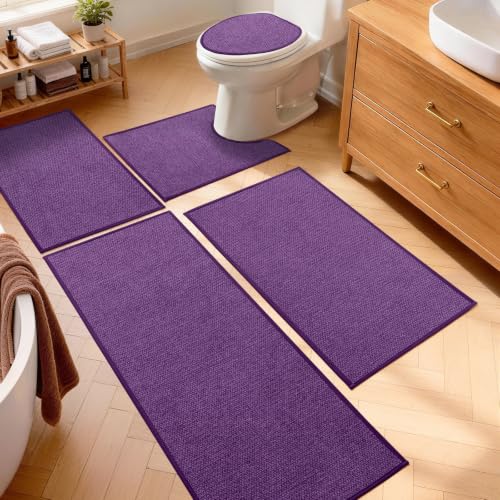 YIHOUSE Purple Bathroom Rugs Sets 5 Piece, Quick Dry Thin Bath Mat with Toilet Rug - Non Slip Absorbent Machine Washable - Bath Runner Rugs for Bathtub Sink Home Decor - color: Purple, size: 5 pieces