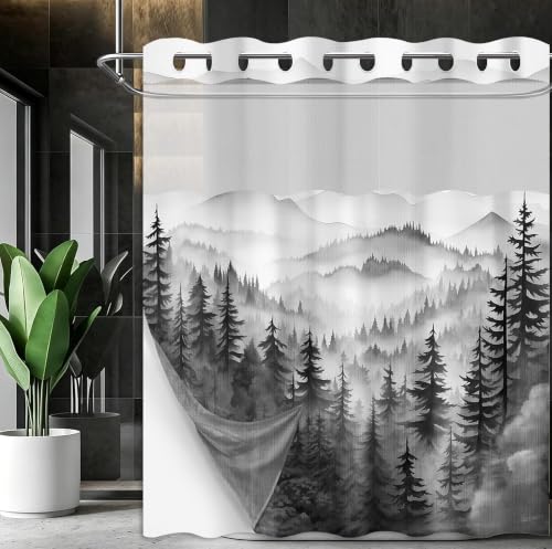 Black Forest Hookless Shower Curtain with Snap in Liner, 71x77 in, 2 in 1 | No Hook, Double Layer Snap on Liner, Mens Nature Bathroom Decor, Waterproof Polyester Fabric, See Through Top with Window - color: Black, size: 71"W x 77"L (Pack of 1)
