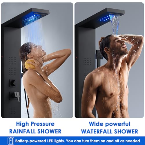 ROVOGO Shower Panel Tower System with Led Lights and 5 Shower Modes, 46.5" | Rainfall Waterfall Shower Head, 4 Body Jets, Handheld & Tub Spout, Stainless Steel Shower Column w/ Brass Valve, Matte Black - color: Black-4 jets