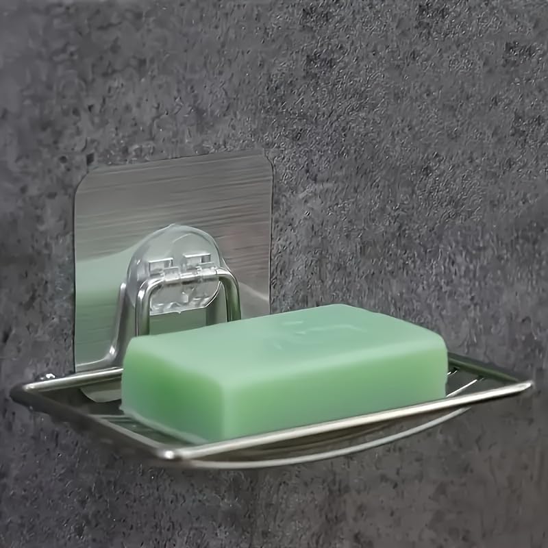 Wall-Mounted Soap Box 1pc - No Drilling Stainless Steel Soap Holder with Drainage Design, Adhesive Installation for Bathroom & Kitchen, Creative Soap Storage Solution