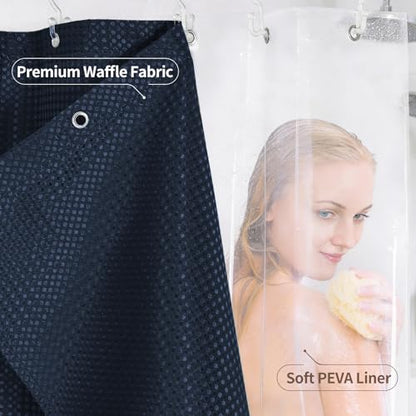 QiyI 3 in 1 Waffle Shower Curtain Set with Liner, Navy Blue, 72 x 72 | Shower Curtain and Liner Set with Hooks, Waterproof Bathroom Curtain with PEVA Liner & 12 Double Sided Clear Plastic Rings - color: Navy Blue, size: 72"W x 72"L (Pack of 1)