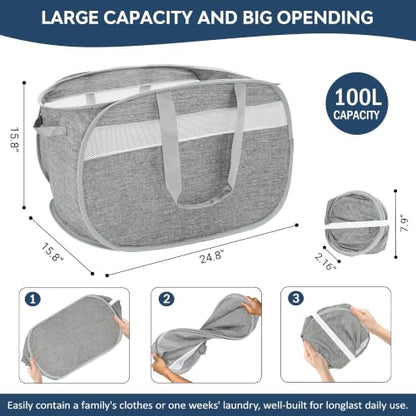 100L Collapsible Laundry Baskets, Foldable Dual Handles Laundry Hamper Grey | Lightweight, Easy to Carry, Up and Downstairs, Tear-Proof, Space-saving, for Laundry Room, Bedroom, Bathroom, Travel, Dorm - color: 100L Gray