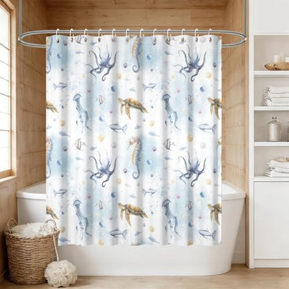Yeele Ocean Creatures Watercolor Shower Curtain, Turtle Octopus Blue Print Shower Curtain, Waterproof Machine Washable Fabric Bath Curtain 60x72 Inch with Grommets and Hooks - color: Blue 1, size: 60"Wx72"L