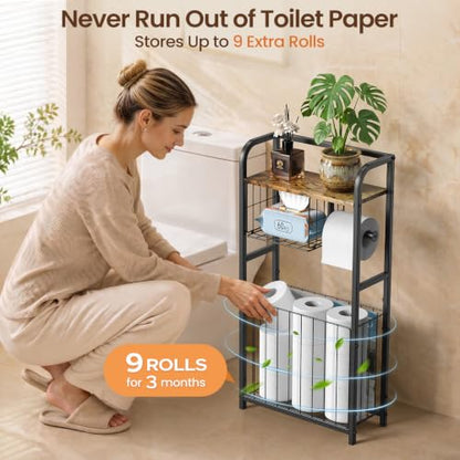 Freestanding Toilet Paper Holder Stand with Storage forSmall Bathroom Space | Holds 9 Spare Rolls, Phone, Wipes & Magazines –Large Capacity Toilet Paper Stand – Toilet Roll Dispenser and Organizer - color: Black