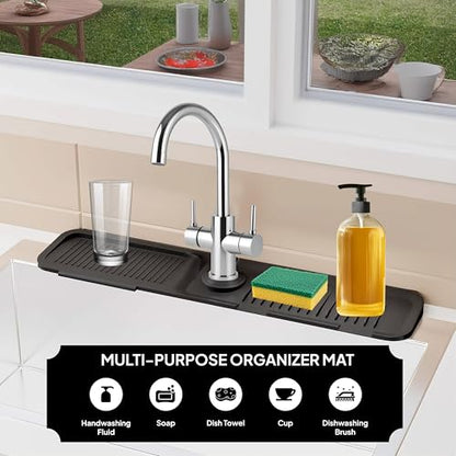 Faucet Mat for Kitchen Sink, 24 Inch Silicone Sink Splash Guard, Extra Long Faucet Drip Catcher Tray, Fast Drying Sink Drying Mat, Countertop Water Protector for Kitchen & Bathroom Sink, Black