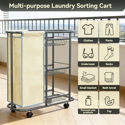 Narrow Laundry Cart with Wheels, 3 Baskets and 45L Laundry Bag | Metal Rolling Cart for Small Space, Laundry Room Organization and Storage, for Bathroom Living Room Apartment Dorm