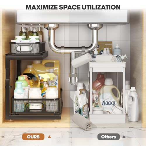 1 Pack-16"D Under Sink Storage Organizer with 2-Tier Slide Out Drawer, Sophisticated Mesh Pull Out Shelf for Kitchen & Bathroom, Fits Small Items, Upgraded Arched Track for Smooth Gliding-Black