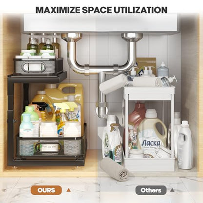 1 Pack-16"D Under Sink Storage Organizer with 2-Tier Slide Out Drawer, Sophisticated Mesh Pull Out Shelf for Kitchen & Bathroom, Fits Small Items, Upgraded Arched Track for Smooth Gliding-Black