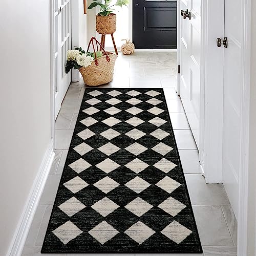 Checkered Kitchen Runner Rug 2x6 Black, Non Slip Washable Hallway Bathroom - color: Black, size: 2' x 6' (Runner)