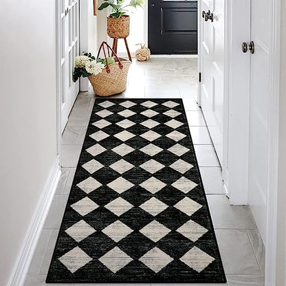Checkered Kitchen Runner Rug 2x6 Black, Non Slip Washable Hallway Bathroom - color: Black, size: 2' x 6' (Runner)