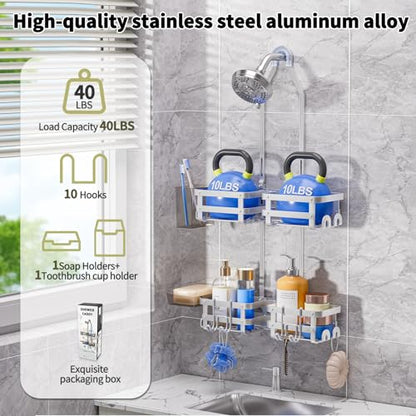Aluminum Shower Caddy Hanging,Shower Caddy, Never Rust Shower Organizer | 4 Levels with adjustable Height 10 Hooks for Razor/Sponge - Rack with Soap Basket (Silver) - color: Silver