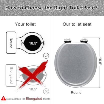 Angol Shiold Glitter Toilet Seat Molded Wood Round Toilet Seat with Quietly Close and Quick Release Hinges, Easy to Clean also Easy to Install (Round 16.5'', Silver) - color: Silver, size: Round 16.5‘’