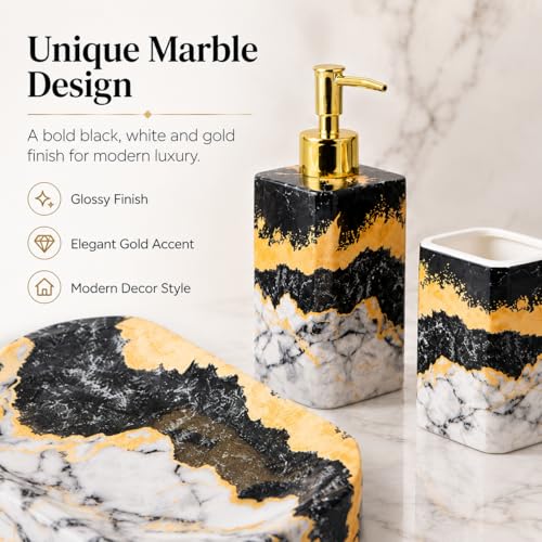 4 Piece Bathroom Accessories Set - Black and White Includes Lotion Dispenser, Toothbrush Holder Tumbler, and Soap Dish - Glossy Finish (Marble, Black, and White) - color: Black, and White