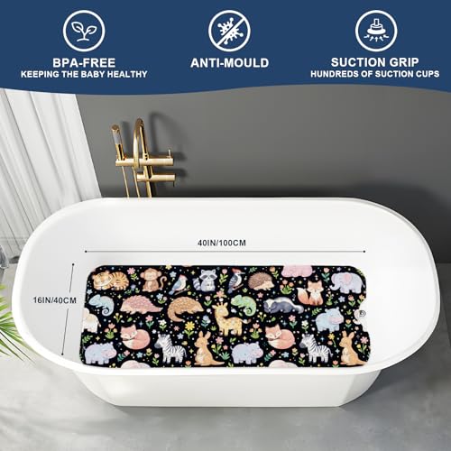 Baby Bath Mat for Tub Non Slip Kids, BPA Free Extra Long Bathtub Mat 40x16 with Drain Holes and 200 Suction Cups, Non Toxic Machine Washable Toddler Bath Mat, Eco-Friendly Certified - color: P-black Animal Collection