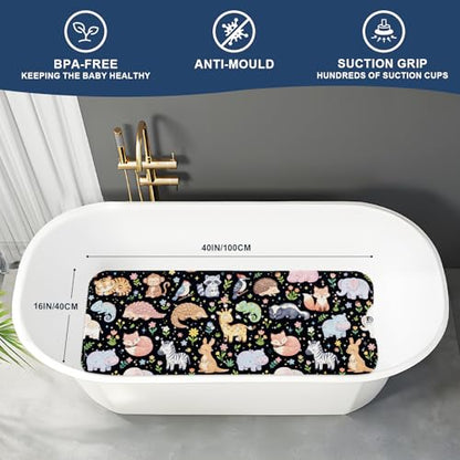 Baby Bath Mat for Tub Non Slip Kids, BPA Free Extra Long Bathtub Mat 40x16 with Drain Holes and 200 Suction Cups, Non Toxic Machine Washable Toddler Bath Mat, Eco-Friendly Certified - color: P-black Animal Collection