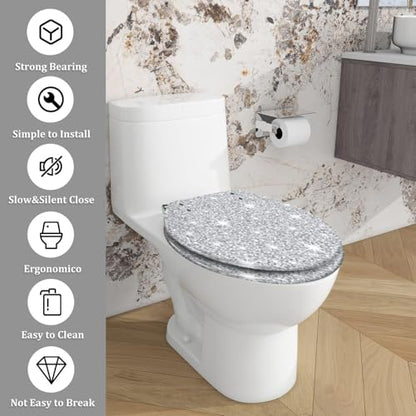 Bathroom Elongated Resin Toilet Seat, Silver Glitter Seamless Texture, Quiet Close, Quick Release Hinges, Decorative, Easy to Install & Clean, with Cover Bumpers (Oblong)