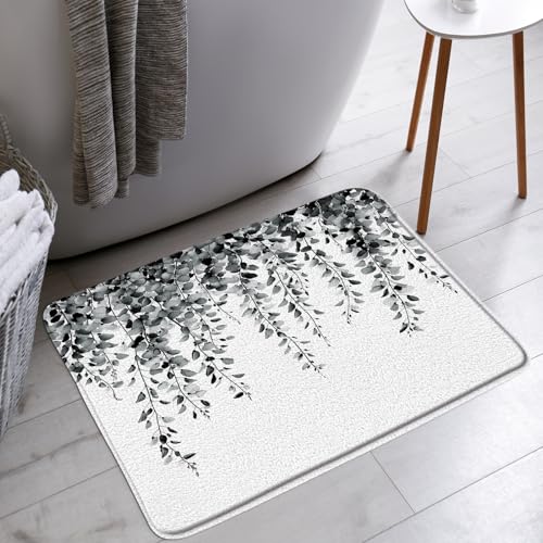 Black Eucalyptus Bath Mat Watercolor Floral Leaves Plant Botanical Nature Bathroom Bathtub Floor Rugs Doormat Toilet Decor,16 x 47 in - color: Black White, size: 16x47 Inch