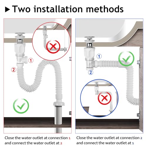 Bathroom White 2 Pack Sink Drain Kit, with Flexible Expandable P-Trap Sink Drain Pipe, Fits 1-1/4",1-1/2" and 2'' Drain Hole, Built-in Anti-Clogging Stopper, Anti-Odor With Overflow - color: White With Overflow, style: 2 Pack