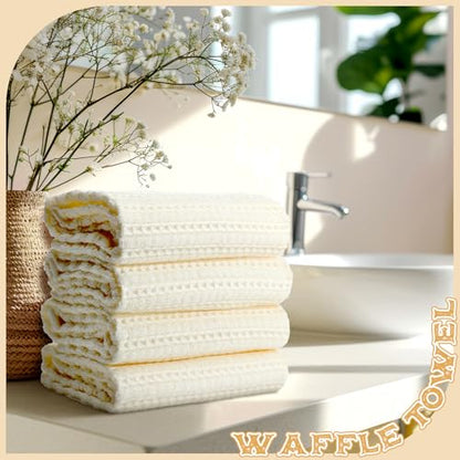 4 Pack Cream Hand Towels Waffle 100% Cotton 13x29 Inch | Soft Absorbent Bathroom Kitchen Use, Waffle Texture Quick Dry, Durable Cotton Washcloths Ideal for Guests Daily Needs - color: Cream