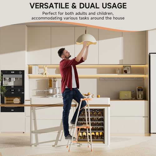 Foldable Toddler Tower, 2-in-1 Alloy Steel Kids Kitchen Step Stool & Adult 2-Step Ladder, Folding Kitchen Tower with Removable Safety Rail, Anti-Slip Steps for Kitchen & Bathroom - color: Peach Fuzz & White