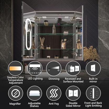 Luxury 30" Wall-Mounted LED Bathroom Medicine Cabinet, Outlets, Anti-Fog | Surface-Mount/Recessed, Double-Sided Mirror Cabinet, 3 Color Temp, DTC Silent-Close Hinges, Adjustable Tempered Glass Shelfs - size: 30"W x 36"H