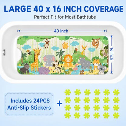 Cinrobiye Bath Mat for Tub Non Slip, 40 x 16 Inch Woodland Animal Cartoon Bathtub Shower Mat with Suction Cups and Drain Holes, Waterproof Machine Washable Bathroom Mat - color: Green