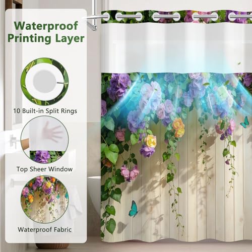 No Hook Floral Shower Curtain with Snap in Liner, Machine Washable Cloth Shower Curtain with See Through Window and Weighted Bottom, Waterproof Fabric Summer Shower Curtains for Bathroom, 71x74 Inches - color: Flower Vines