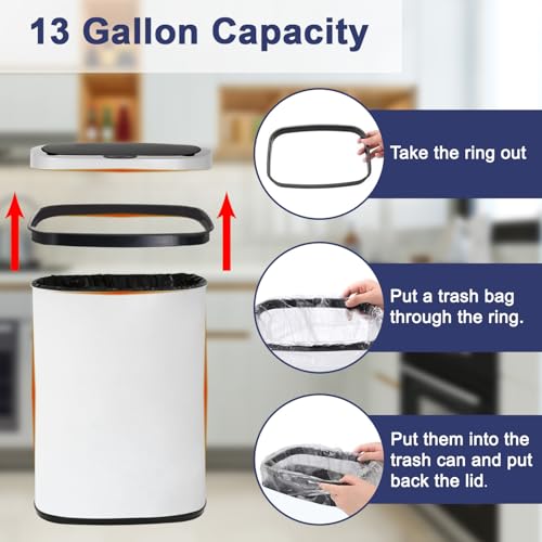Kitchen Trash Can 13 Gallon Touchless Trash Bin White Garbage Can with Lid | Automatic Motion Sensor Bathroom Trash Can,50 Liter Waterproof Garbage Bin Wastebasket for Toilet,Office,Caravans,Bedroom - color: White