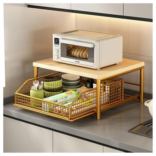 Kitchen Microwave Rack, Small Coffee Stand Shelf with Drawer Storage Basket | Kitchen Counter Storage Microwave Shelf for Coffee Machine, Living Room, Bedroom(Gold) - color: Gold