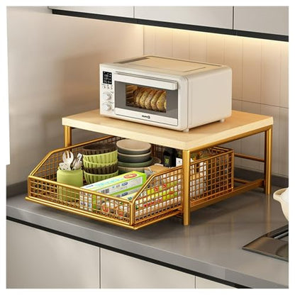 Kitchen Microwave Rack, Small Coffee Stand Shelf with Drawer Storage Basket | Kitchen Counter Storage Microwave Shelf for Coffee Machine, Living Room, Bedroom(Gold) - color: Gold