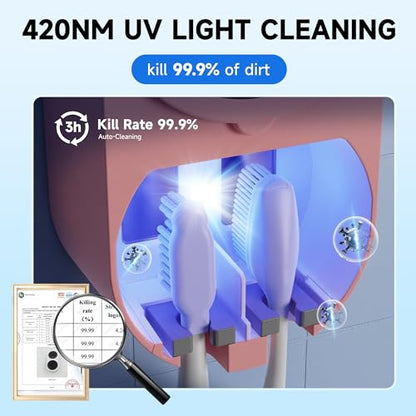 Wall-Mounted Toothbrush Holder for Bathroom, Proximity Sensor Toothbrush Cleaner, Compatible with Most Toothbrush Models, LED Smart Screen, Heating Film Drying, Rechargeable (03Pink)