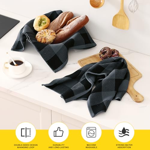 Homaxy 100% Cotton Plaid 4 Pack Kitchen Towels, 20" x 28", Black & Grey | Waffle Weave, Plaid, Super Soft and Absorbent Dish Towels, Quick Drying, Multi-Purpose - color: Black & Grey, size: 20 x 28 - 4 Pack