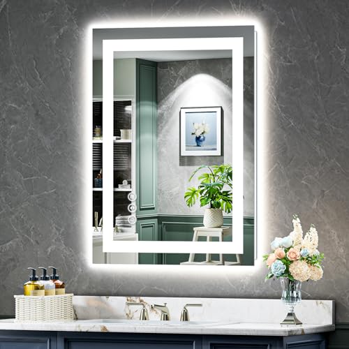 24x32 Inch LED Bathroom Mirror with Lights Front and Backlit Lighted Vanity Mirror for Bathroom Wall with 3 Colors Dimmable Anti-Fog Memory Shatter-Proof IP54 Waterproof Horizontal/Vertical - color: Backlit+front Lit, size: 24"L x 32"W