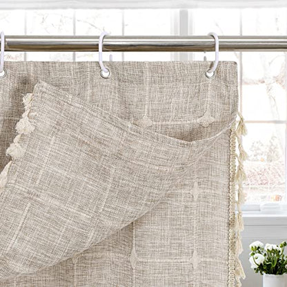 Boho Farmhouse Classic Plaid Double Swag Tassel Shower Curtain Tan,72x72 | 310GSM Linen Blend Heavy Duty Cloth,Double Swag Design,3-side Tassels,Wrinkle Resistant,Rustic Bohemian,Water Repellent - color: Tan Brown, size: 71"W x 71"L (Pack of 1)