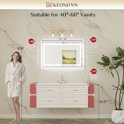 Keonjinn 40 x 24 Inch Beveled Lighted Bathroom Mirror, Frontlit and Backlit | HD Tempered Glass, LED Bathroom Mirror with Light, 3000K/4500K/6000K, Fast Defogging, Stepless Dimmable, Memory Function - size: 24"L x 40"W