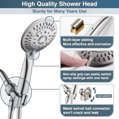 BRIGHT SHOWERS 9 Spray Settings Shower Head with Handheld High Pressure Brushed Nickel Hand Held Showerhead with 60 Inch Stainless Steel Hose and Adjustable Overhead Bracket - color: Brushed Nickel, size: 1.8 Gallon Per Minute