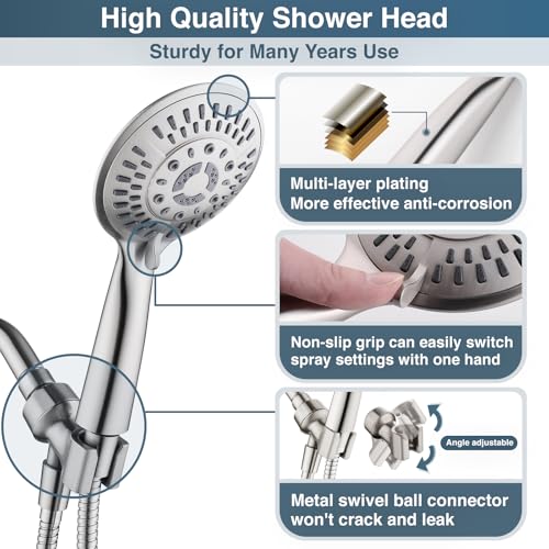 BRIGHT SHOWERS 9 Spray Settings Shower Head with Handheld High Pressure Brushed Nickel Hand Held Showerhead with 60 Inch Stainless Steel Hose and Adjustable Overhead Bracket - color: Brushed Nickel, size: 2.5 Gallon Per Minute