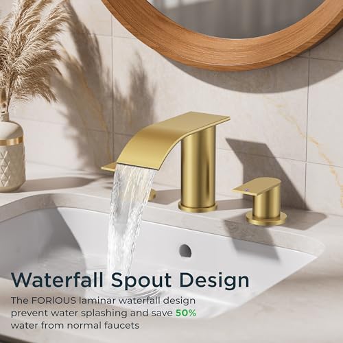 FORIOUS Bathroom Faucet 3 Hole 8 Inch Widespread Waterfall Brushed Gold | Bathroom Sink Faucet with Pop-up Drain and 24" Supply Lines, Two Handles, for Vanity Laundry Farmhouse School and Restroom - color: Brushed Gold