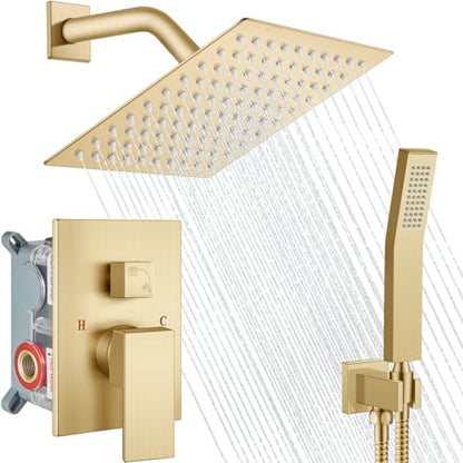 Midanya Shower Faucet Set with Handheld Sprayer,8 Inch,Brushed Gold | Rough-in Shower Valve and Trim Kit Included,Square Rain Head,Wall Mount Shower System,All Metal,Bathroom - color: Gold, size: 8 Inch