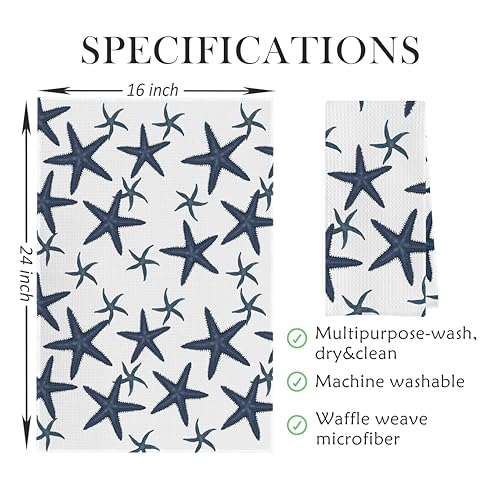 Ocean Themed Dish Towels Set - Navy Coastal Nautical Waffle Weave Kitchen Towels, Navy Blue Ocean Themed Hand Tea Towel, Coastal Bathroom Decor (16×24 Inches Set of 4) - color: Nautical E