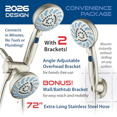 AquaCare 2026 High Pressure Dual Handheld Shower Head Combo w/Pause Switch | Detachable Showerhead Wand, Stay-Clean Jets, Extra-long 6 ft. Stainless Steel Hose, Dual Wall & Overhead Brackets / Nickel - color: Nickel