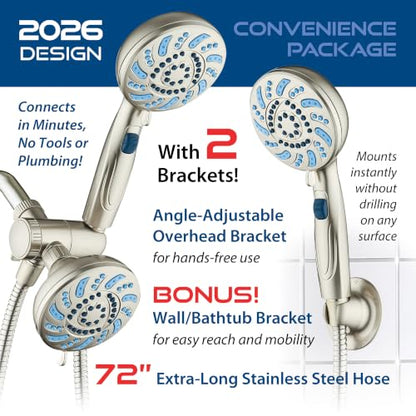 AquaCare 2026 High Pressure Dual Handheld Shower Head Combo w/Pause Switch | Detachable Showerhead Wand, Stay-Clean Jets, Extra-long 6 ft. Stainless Steel Hose, Dual Wall & Overhead Brackets / Nickel - color: Nickel
