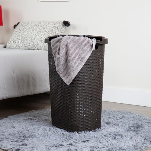 Mind Reader Slim Laundry Hamper with Lid, 60L Tall Clothes Basket, Narrow Tapered Design for Bathrooms, Closets and Laundry Rooms, Plastic, Brown - color: Brown, size: 1 Piece