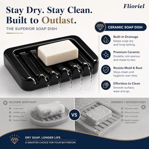 Ceramic Soap Dish Self Draining Soap Holder Bathroom Sink | Black Porcelain Soap Tray Self Draining Keeps Soap Dry Anti Slip Silicone Pads Easy Clean Modern Minimalist Bathroom Shower - color: 02.black
